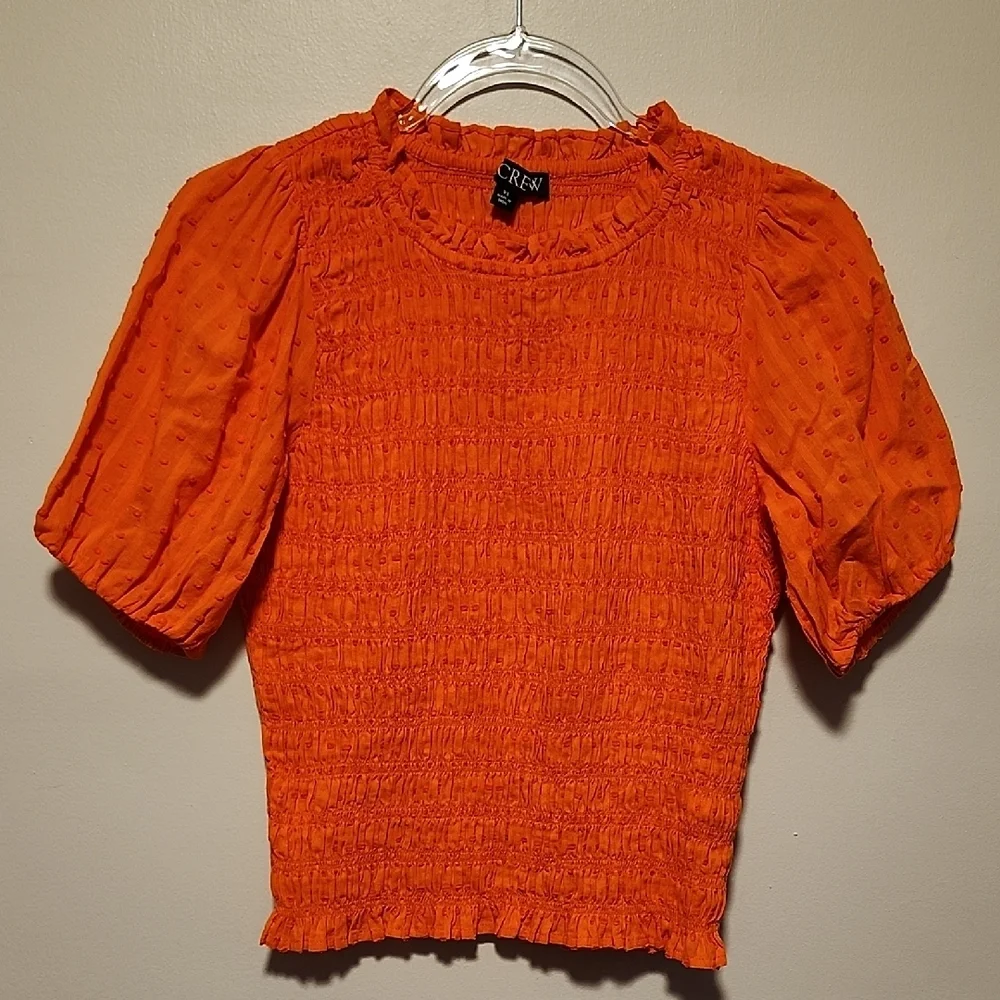 J. Crew Stretchy Bright Orange Smocked Blouse Puff Sleeves Ruffle Crew Collar - Picture 3 of 7